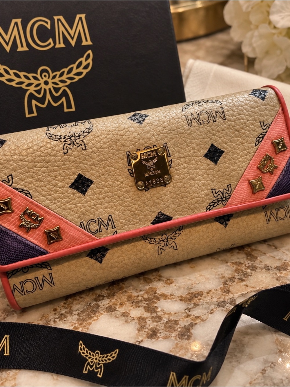 MCM Visetos Monogram Studded Trifold Wallet